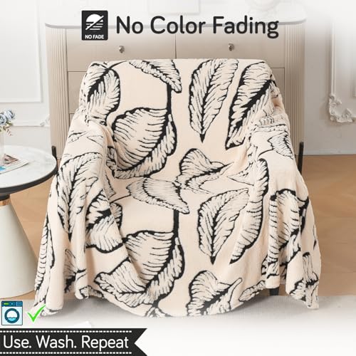 Image of HOKIPO Plush Sherpa Sofa Cover for 1 Seater Sofa | Thick Cozy Washable Sofa Throw | Full Protection Sofa Cover, 'Noirea Series' Botanical Leaf (180x180 cm) (AR-6651-D1)