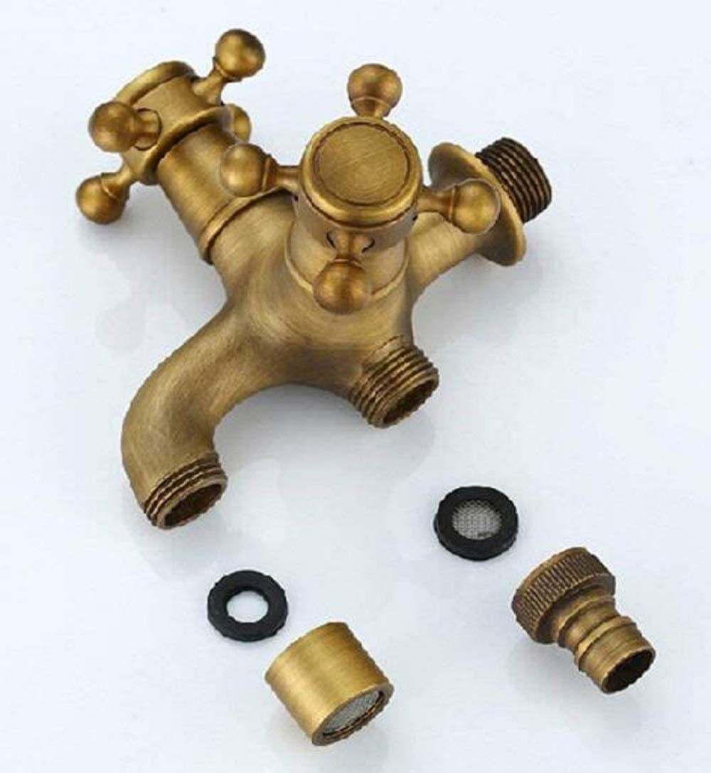 Grifo de Latón Antiguo 1/2 Pulgadas Montaje en Pared para Cocina Lavabo Jardin Decorativo (double salida 1)