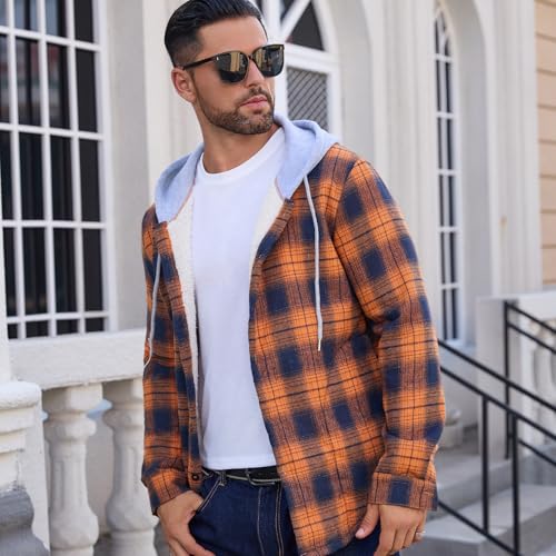Image of Mens Sherpa Fleece Lined Flannel Buffalo Plaid Jackets with Hood Winter Thermal Quilted Insulated Hooded Coat Outwear