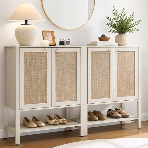 Image of SICOTAS Shoe Storage Cabinet for Entryway - 5 Tier Rattan Entry Shoe Organizer Cabinet with Shelves & Doors, 2 Pieces Farmhouse Boho Shoe Rack for Hallway, Living Room, Closet (White Cream Oak)
