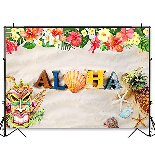 Funnytree 7X5FT Aloha Luau Party Backdrop Summer Hawaii Tropical Pineapple Flower Seaside Sand Beach Shell Photography Background for Birthday Baby Shower Photo Booth Studio