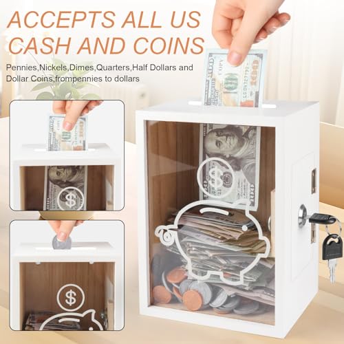 Mczxon Clear Piggy Bank with Lock, Large Money Saving Jar Money Bank Box Container for Cash Saving, Openable Clear Money Coin Change Bank Jar Container Penny Piggy Jar Bank for Adults Kids, White - Thumbnail 3