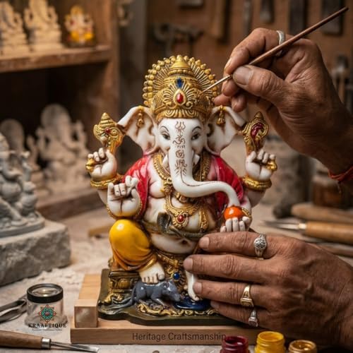 Image of Ganpati Religious Statue Idol Ganesh Murti Home Decor for Puja Marble Dust Lord Ganesha 7 Inch Statue for Home Decor Mandir Temple Office Gift (18CM)