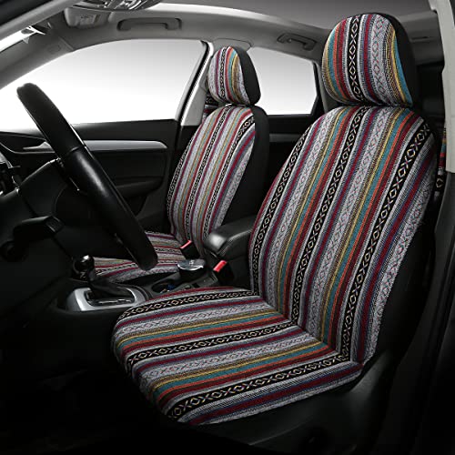 PONYJOYUP Baja Saddle Blanket Car Seat Covers 4PCS Front Breathable and Washable Striped Woven Automotive Vehicle Seat Cover Universal Seat Cover for Sedan SUV Truck Airbag Compatible