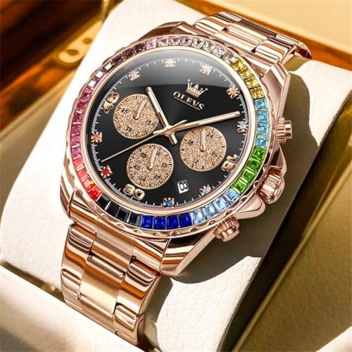 Image of OLEVS Watch for Men Luxury Gold Diamond Chronograph Business Wristwatch with Analog Quartz, Date Calendar, Stainless Steel Band, Luminous Hands, Waterproof