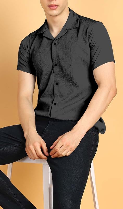 Image of COMBRAIDED Men's Solid Cotton Blend Half Sleeve Shirt - Regular Fit Casual Button-Down Shirt for Office & Travel - Summer & Spring