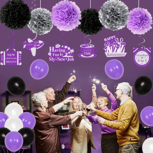 JOYMEMO 29Pcs Retirement Party Decorations Purple for Women Happy Retirement Banner Sash Hanging Swirls Paper Pom Poms and Balloons - Image 4