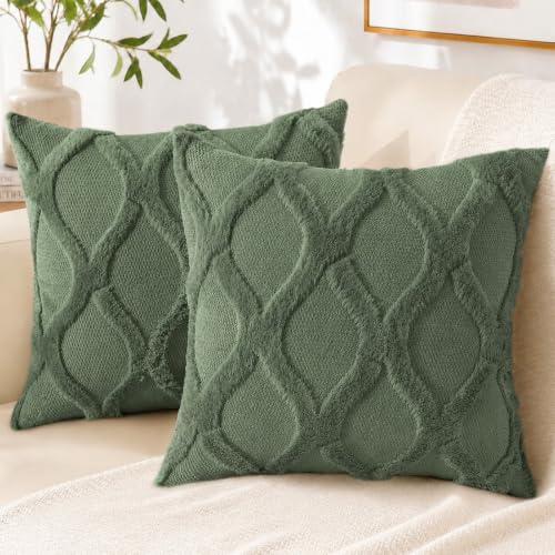 decorUhome Fall Faux Fur Olive Green Throw Pillow Covers 22x22 Set of 2