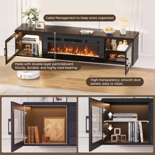 Image of 70 inch Floating TV Stand with Fireplace, High Gloss Finish Wall Mounted Fireplace Entertainment Center with Storage for TVs Up to 80 inch, Black