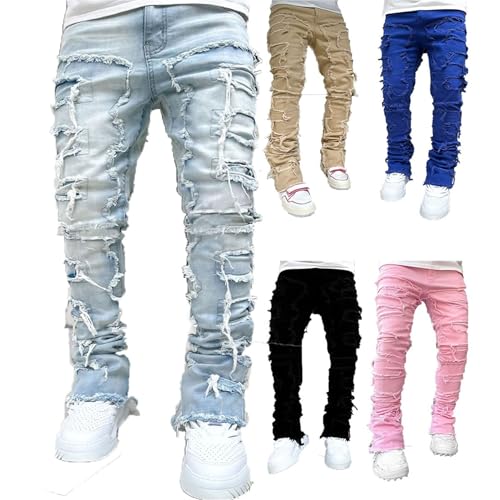 Men's Slim Fit Stretch Jeans Slim Fit Patch Y2K Denim Pants Stretch Fit Skinny Stacked Ripped Destroyed Jeans4