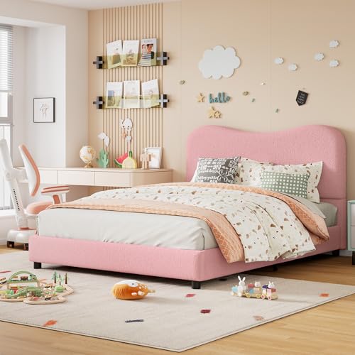 GarveeHome Boucle Full Size Bed Frame with Upholstered Headboard, Soft Low Profile Sturdy Platform Bed with Rounded Corners Design, Heavy Duty, Wooden