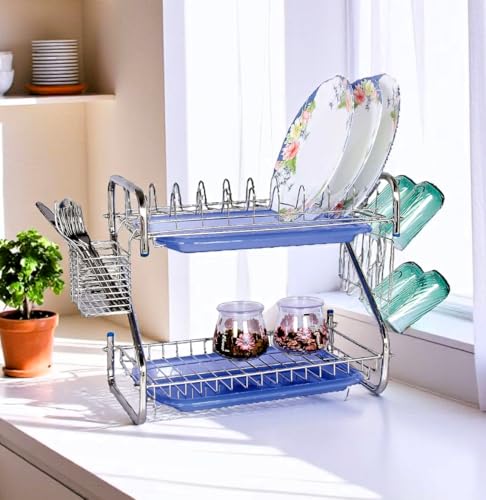 Image of AMOL Stainless Steel Kitchen Dish Rack | Rust-Resistant Utensil Stand with Glass & Spoon Holder | Wall Mountable Modular Kitchen Organizer (Made in India) (Height- 15 Inches)