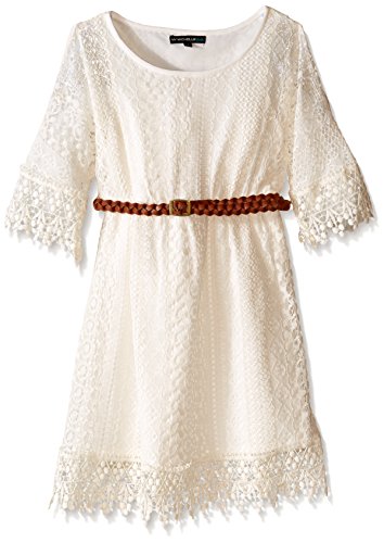 My Michelle Girls' Big Cold Shouldered Crochet Dress with Belt and Drippy Hem and Sleeve Detail