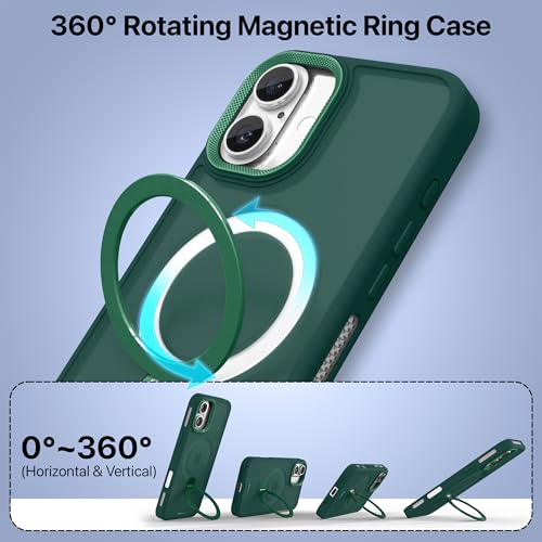 Image of eller sante Maximus Back Cover Case for iPhone 16 Plus with Magnetic Alloy Ring Metal Kickstand Camera Protector TPU Shockproof 10ft Drop Protection Compatible with Mag-Safe- Green