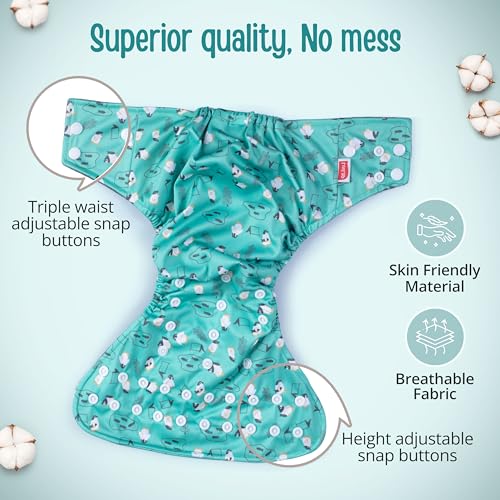 Image of LuvLap Reusable Baby Cloth Diaper, Double Leak Guard, High Absorption, Quick dry, Stain-Proof Comfort & Protection, 3m+, adjustable waist & height with snap buttons, Absorbent insert, Green Penguin
