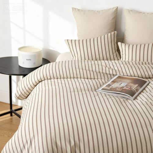 Image of Nayoroom Striped Duvet Cover Queen Size Brown Stripe Duvet Cover Dorm Bedding Set 3 Pieces Soft Lightweight Microfiber Farmhouse Bedding Set Gifts for Women Men (Tannish Linen Grey, Brown Stripes)