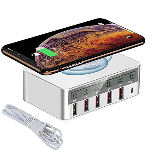 1JUSTLINK Multi-Port USB Charging Station, 40W 6-Port White USB Multi-Function Charger, with Quick Charge 3.0 QC 3.0 and Type-c Port, with 10W Max Wireless Charging Station Phone