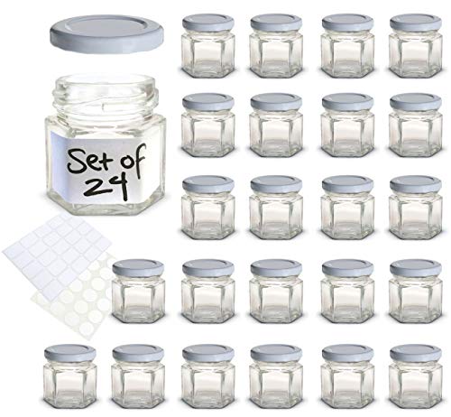 1.5 oz Hexagon Mini Glass Jars with Lids and Labels (Pack of 24) (White, 1.5 oz)