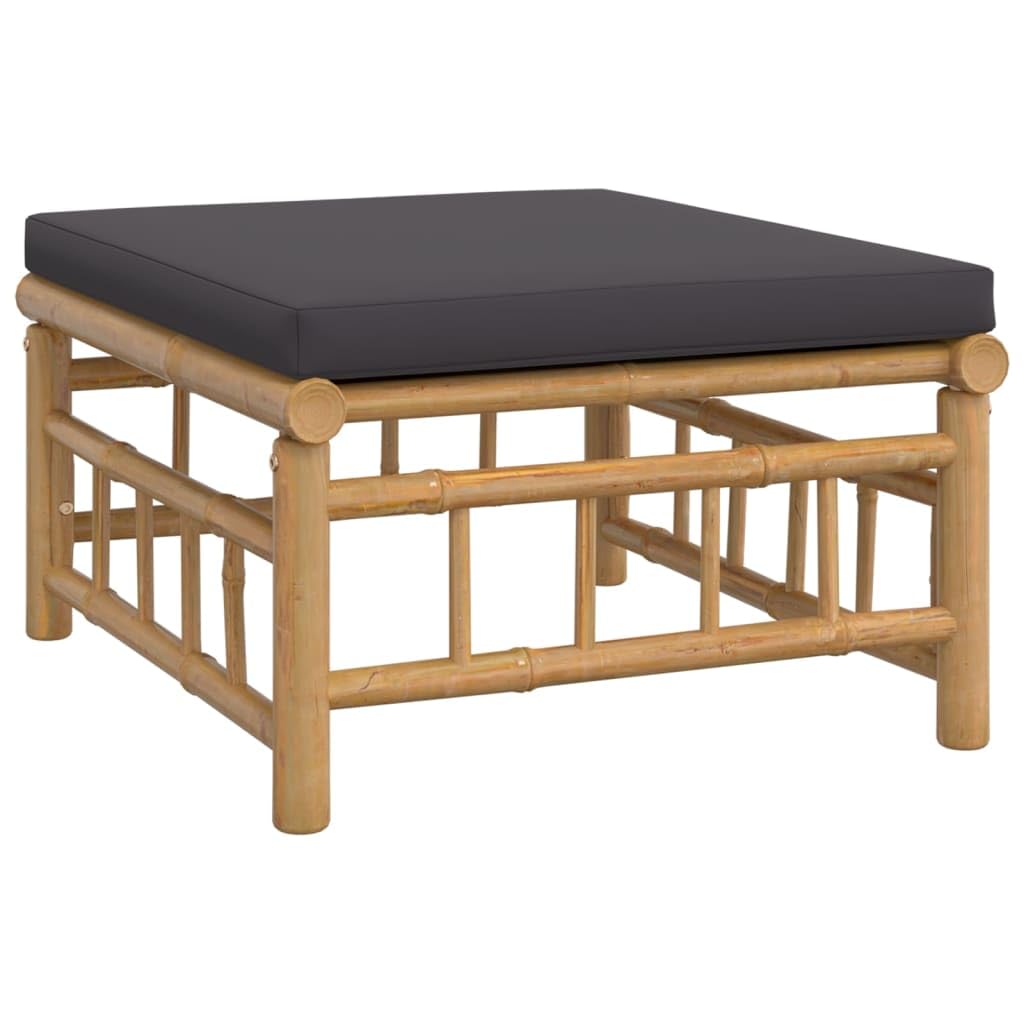 Set Salotto da Giardino 4 Pezzi in Bambù con Cuscini Grigio Scuro | Arredo modulare da esterno per terrazzo o patio, completo di tavolino e imbottiture per momenti di relax all'aperto.