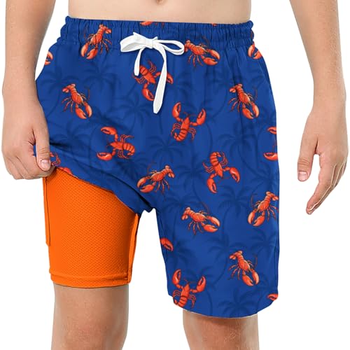 ZenGents Boys Swim Trunks Size 10-12 Lobster Swimwear Swim Shorts with Compression Liner Swimsuit Teen Boys Bathing Suit Size 10-12 Swimming Trunks for Kids