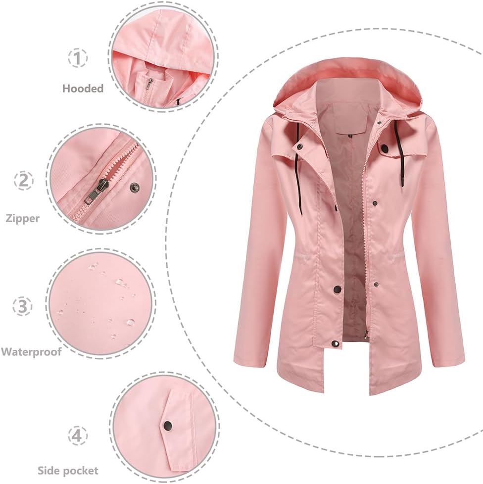 Women's Outdoor Waterproof Lightweight Rain Jacket Hooded Windbreaker Climb Hiking Fish with Pockets