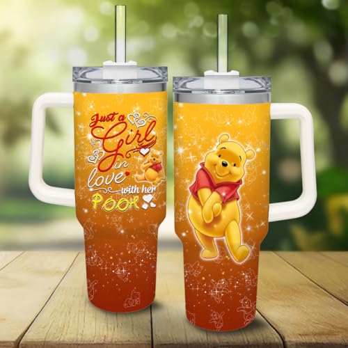 Bear Cartoon Movie Character Just a Girl In Love With Her Pooh Glitter Tumbler 40 Oz Stainless Steel With Handle And Straw, 40oz Tumbler Maintains Cold Heat and Ice for Hours