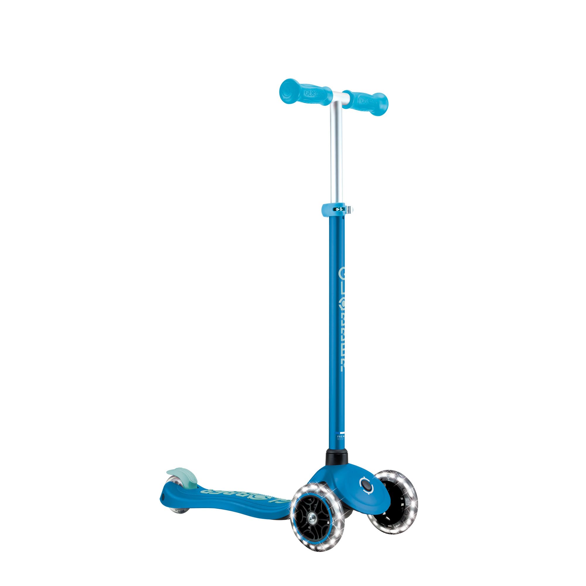 Globber - GO•UP Active Lights 360 - Patinete evolutivo de 3 Ruedas con Asiento Giratorio 360°, reposapiés y Luces LED, para niños de 15 Meses a 6 años - Azul petróleo