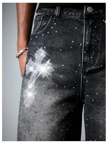 Verdusa Men's Cross Rhinestone Cropped Jeans Wide Leg Denim Pants with Pockets4