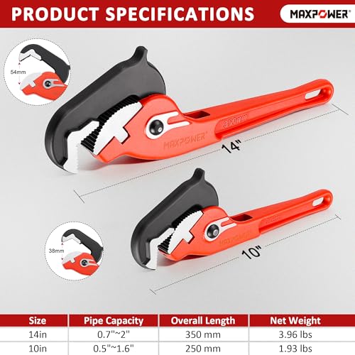 Image of MAXPOWER 10 inch&14 inch Pipe Wrenches, 2-Piece Self-Adjusting Pipe Wrench, Rapid Grip Quick Self-Adjust Plumbing Wrench for Household Maintenance