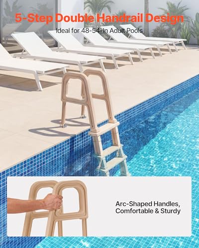 Image of VEVOR Swimming Pool Ladder, Inclined 5-Step Double Handrails Stair, Non-Slip Wide Step, 300 lbs Load Capacity, for 48-54 in Inground & Above-Ground Pools, Any Deck Surface, Indoor & Outdoor, Taupe