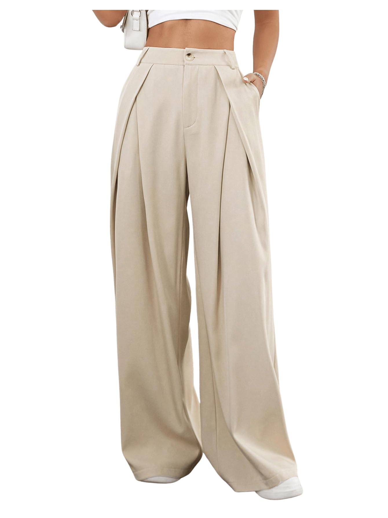 Floerns Womens Elegant Wide Leg Tapered Suit Pants Office Pleated Trousers