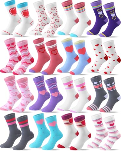 Chicingyou 16 Pairs Socks for Girls Kids Crew Cute Hearts Cotton Socks with Stripes Hearts Soft Casual Athletic for Outdoor