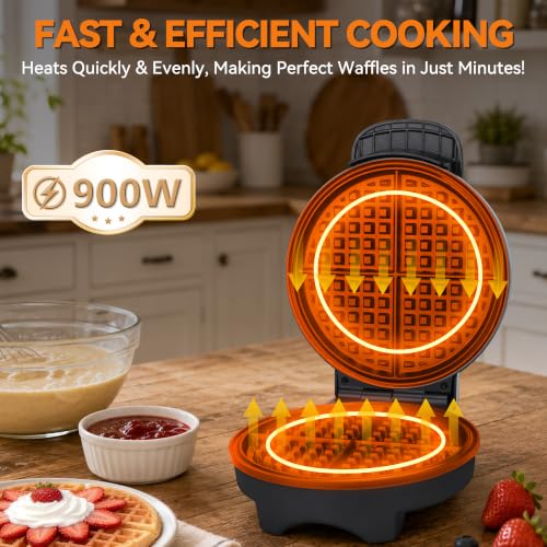 Image of Baker's Friend 7-Inch Classic Waffle Maker, Ceramic, Browning Control, 900W | A thin waffle iron with fine-grid plates for one 7-inch waffle, indicator lights, upright storage, and cleaning brush.