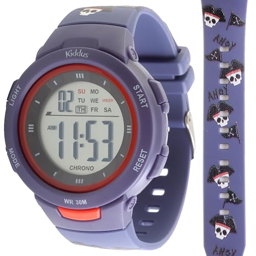 Kiddus Reloj Digital para niñas y niños. con cronómetro, Calendario, Despertador y luz. Resistente al Agua. Deportivo, Luminoso, de Pulsera, LED. De 3 a 12 años. Piratas