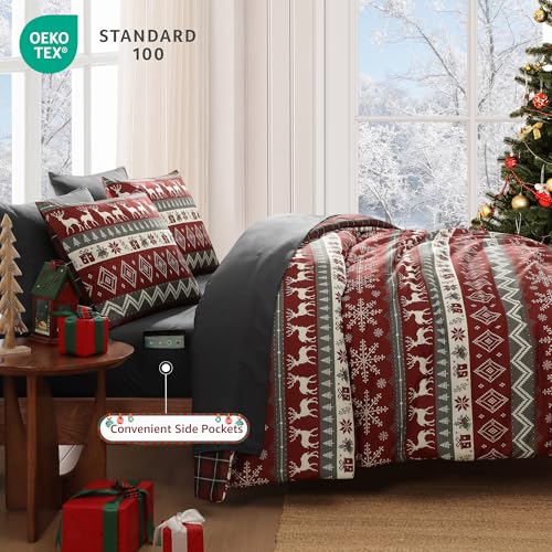 Image of MaiReve Christmas Queen Comforter Set, Red Reindeer Snowflake Bed Set for Holiday, Reversible Plaid Checkered Comforter Bed in a Bag, Soft Bedding Set 7 Pieces with Sheets, Pillowcases & Shams