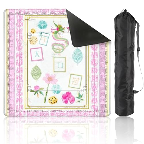 Mahjong Mat 31.5" x 31.5" Colorful Dragon Floral Oriental Geometric Symbols Pink Green Border Non-Slip Noise Reduction Mahjong Tiles Table Cover for Dominoes Poker Card Board and Tile Games