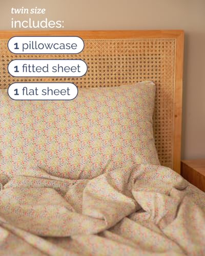 Image of Twin 3 Piece Floral Sheet Set - Soft, Breathable & Cooling - Rosebud Sprigs | 1 Flat, 1 Fitted & 1 Pillowcase w / Deep Pockets, Boho Botanical Floral Bedding, Breathable & Cooling, Wrinkle & Fade Free