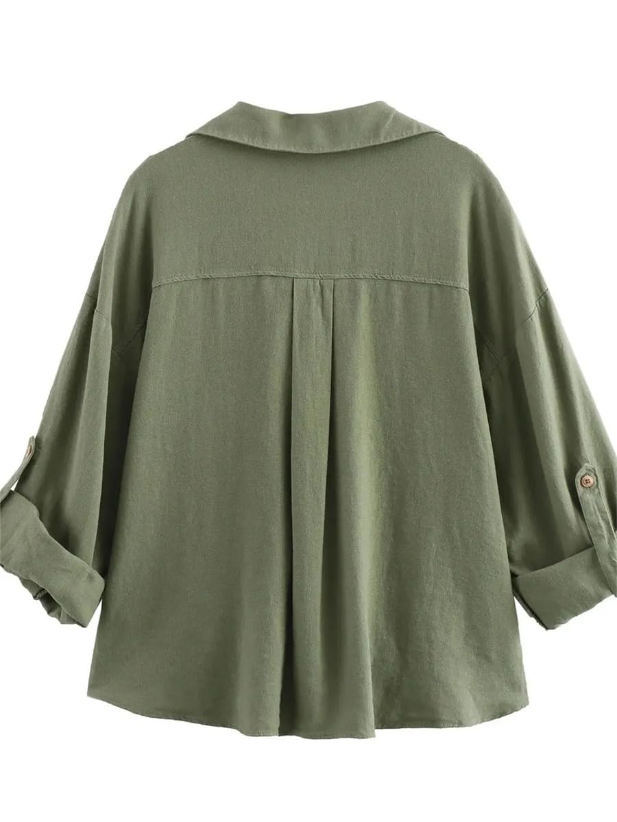 Camicia da donna alla moda in misto lino con nodo retrò maniche risvolto bottone frontale versatile top
