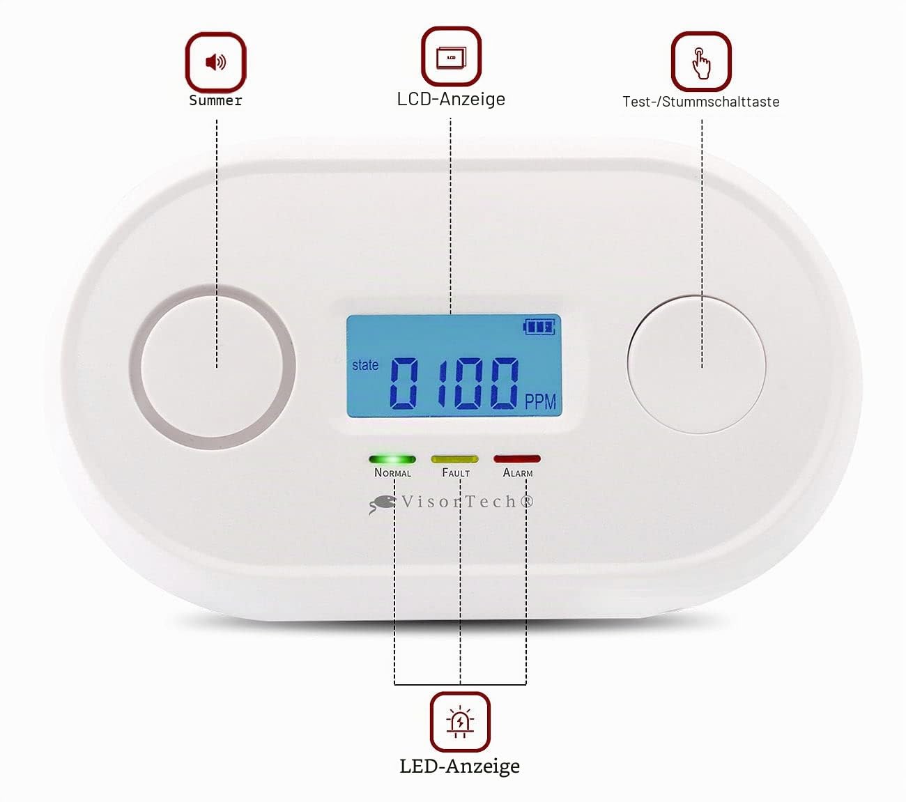 VisorTech WLAN CO Melder: WLAN-Kohlenmonoxid-Melder, LCD-Display, App, 85dB, gem. DIN EN 50291-1 (Kohlenmonoxidmelder WLAN, Kohlenmonoxidmesser, Rauchmelder)