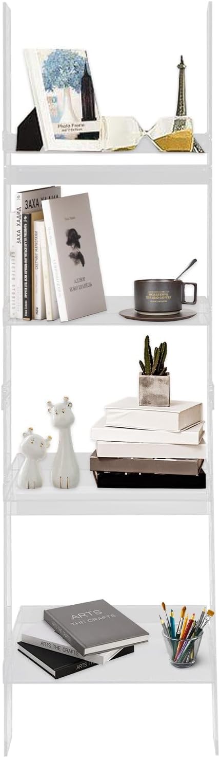 Ladder Bookshelf Acrylic Narrow Ladder Shelf 4-Tier Leaning Bookshelf for Study Office Kitchen Bedroom Tall Standing Book Shelf