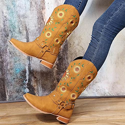 Hbeylia Ethnic Vintage Cowboy Cowgirls Boots For Women Ladies Sunflower Embroidered Fashion Casual Retro Rhinestones Square Toe Chunky Mid Heels Wide Calf Knight Riding Dress Short Boots Boho Beach4