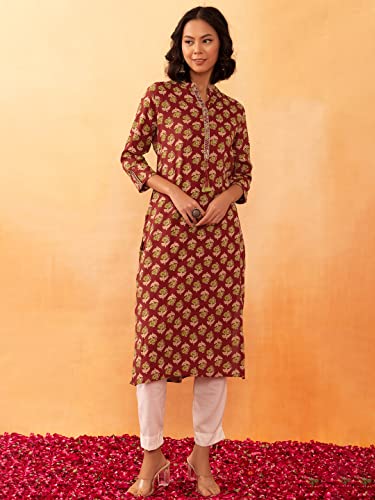 Image of Indya Women Maroon Batik Boota Print Rayon Kurta