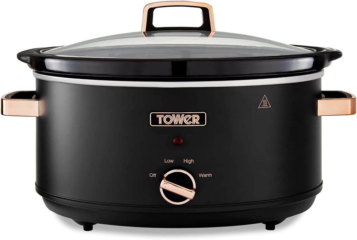 Tower Cavaletto 6.5 Litre Slow Cooker with 3 Heat Settings, Removable Dishwasher Safe Pot, Cool Touch Handles, Up to 8 Portions, Black and Rose Gold, T16043BLK