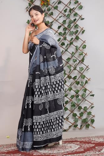Image of Crafts Moda Pure Cotton Floral Print Saree with Blouse for Women