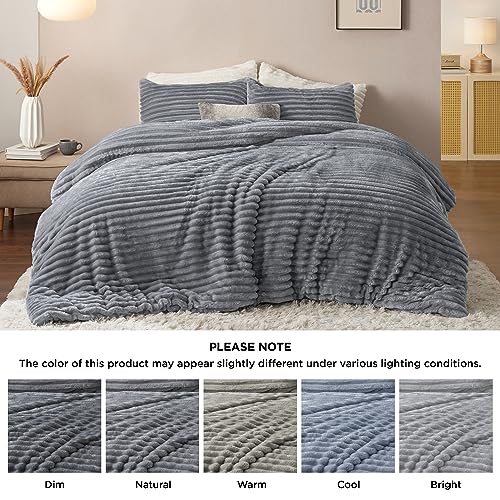 Image of Bedsure Full Fluffy Comforter Set - GentleSoft 3 Pieces Luxury Fleece Grey Bedding, Cozy Room Decor Aesthetic, 1 Full Bed Comforter (82 inchx86 inch) and 2 Pillowcases (20 inchx26 inch)
