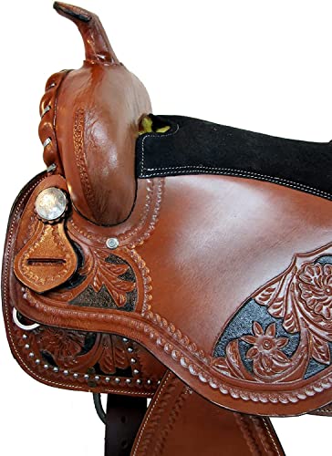 Equitack Pro Western Barrel Racing Horse Saddle Floral Tooled Leather Tack Set + Headstall,Breast Collar And Reins Size - 10'' To 20'' (Leather, 20 Inches Seat) #TOP5