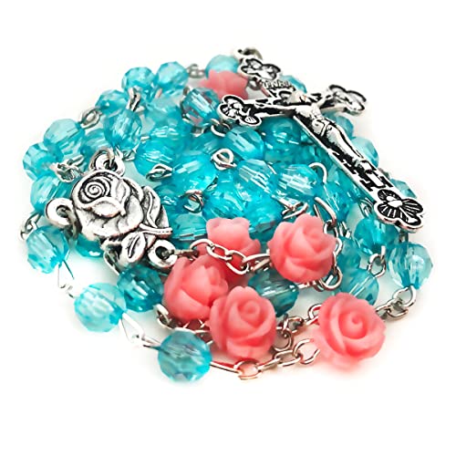 Lourdes Turquoise Crystal Cut Pink Rose Catholic Rosary Beads for Women - Necklace and Gift