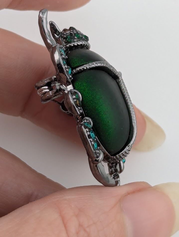 Image of Iridescent Glass Scarab Beetle Brooch deep green & gunmetal color insect pin Egyptian Revival