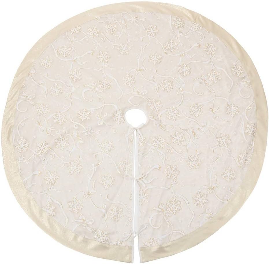 Fennco Styles Printed Snowflake & Ribbon Christmas Tree Skirt 52" Round - Gold Holiday Tree Skirt for for Home, Christmas Tree, Indoor Outdoor Decoration and Special Events
