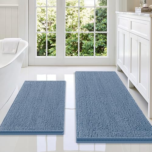 Image of Smiry Bathroom Rugs Sets 2 Piece, Soft Absorbent Chenille Machine Washable Non Slip Shaggy Bath Rug Set for Tub, Shower, and Floor (47x20+30x20, Grayish Blue)
